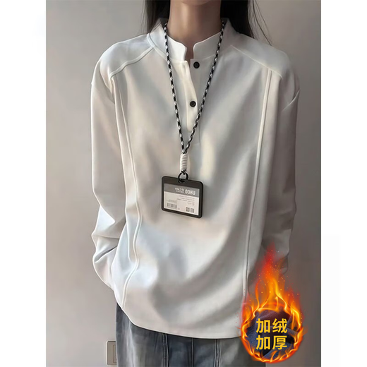 Katuchi American Henry collar long-sleeved sweatshirt for men and women in autumn and winter plus velvet thick boxy version right shoulder inner layering clothes base shirt white gray XL