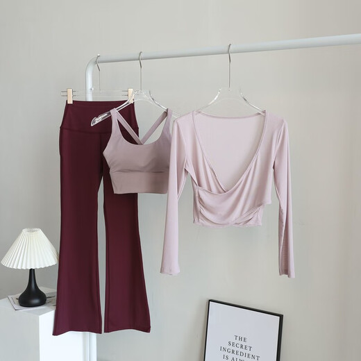 Tiannan Brothers (TNBROTHERS) Yoga Wear Pilates Set Three-piece Yoga Wear Suit Women's Fitness Three-piece Set Mesh Blouse Long Sleeve High Waist Apricot Bra Blouse + Caramel Color Bootleg Pants. XL