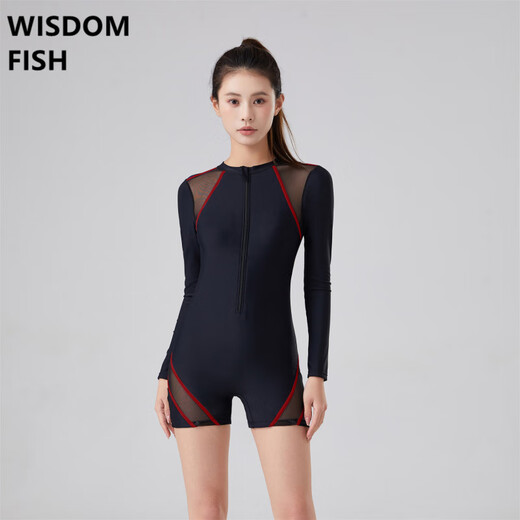 Wisdom Fish Swimsuit Women's Long Sleeve Sun Protection 2025 New One-piece Boxer Swimming Pool Special Large Size Swimsuit Black Red Edge_Free Swimming Cap Nose Clip Earplugs XS_Recommendation_90-105Jin Jin equals 0.5 kg