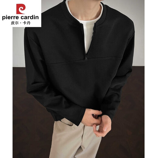Pierre Cardin brand inner fake two-piece sweatshirt men's spring and autumn bottoming shirt trendy brand retro American half-zip Henley long-sleeved black upgraded model M 95 to 115 Jin Jin equals 0.5 kg can be worn