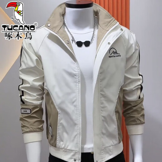 Woodpecker Spring and Autumn Jacket Men's Fashion Slim Stand Collar Korean Style Trendy Work Jacket Versatile Handsome Casual Top Beige-Coat Brand Special Price Clearance Pickup L Suitable for 110Jin Jin is equal to 0.5kg or so