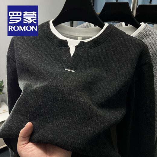 ROMON fake two-piece warm velvet thick sweatshirt men's Henry collar autumn and winter sweater casual t-shirt men's long-sleeved top dark gray XL