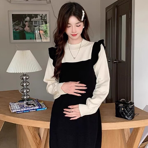 Maternity dress spring and autumn French Hepburn style large size loose fake two-piece knitted skirt autumn and winter high-end black fake two-piece set L