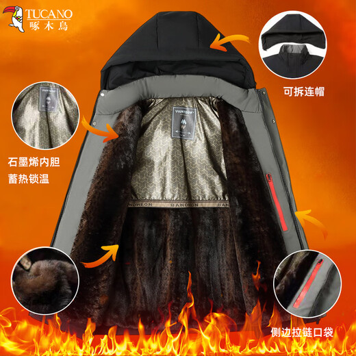 Woodpecker (TUCANO) cotton-padded jacket for men, thickened with velvet, middle-aged and elderly dad's jacket, winter jacket, winter cotton-padded jacket for the elderly, black (thickened with velvet + removable cap) XL (110-125Jin Jin is equal to 0.5kg)