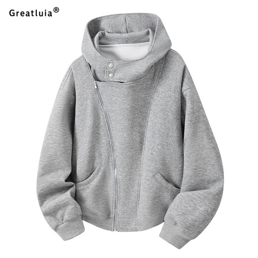 GREATLUIA American street motorcycle style cardigan sweatshirt autumn new trend high street loose casual solid color hooded top for men light gray XL