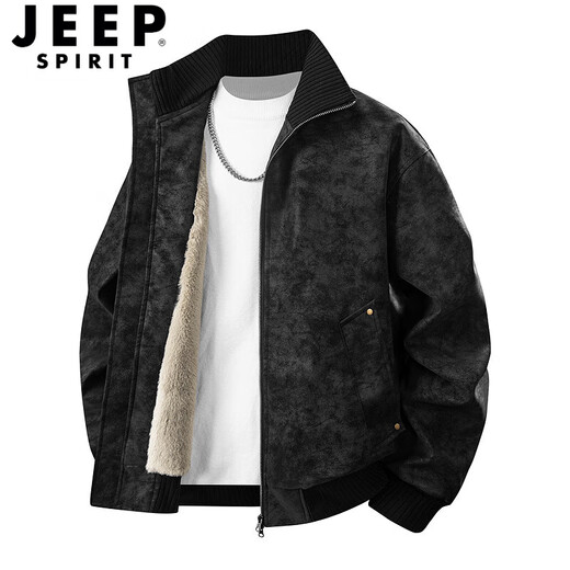 JEEP SPIRIT吉普秋冬加绒加厚保暖老钱风PU皮衣男亮面PU皮夹克男立领机车皮 黑色加绒 XL