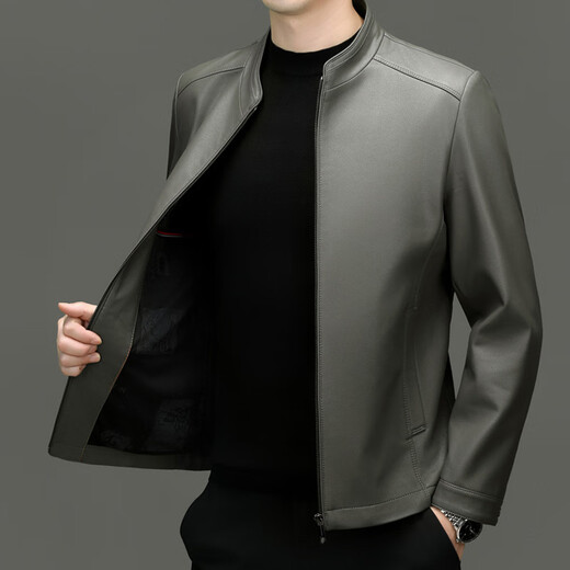 Lilang Autumn and Winter Men's Leather Jacket Fashionable Brand Stand Collar Dad Casual Jacket Simple Handsome Leather Jacket Men's Thin Black M 170