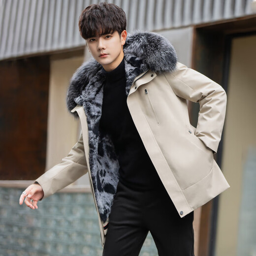 Falling party overcomes men's new set of rabbit fur lining with removable fur all-in-one winter coat mid-length 9819 gray mid-length 2XL