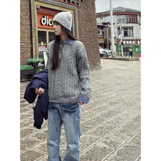 Wu Yinan cra American fake two-piece Henry collar sweater men's autumn retro cable knit sweater cleanfit couple coat black upgraded version black upgraded version M