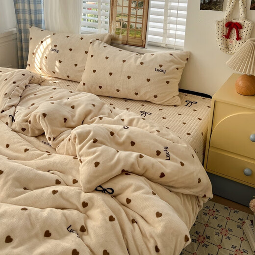 Nanjiren (Nanjiren) Jiangsu Nantong bed cover four-piece set milk velvet double-sided velvet baby duvet cover double 200x230cm velvet quilt cover love bow thick no velvet shedding thickened and warm bed cover style 1.5 four-piece set - quilt cover 200x230
