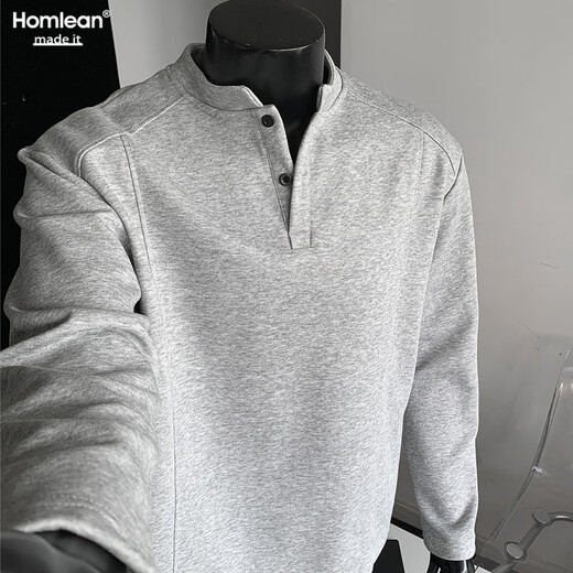Homlean American Henry collar long-sleeved T-shirt men's autumn new loose shoulder casual polo shirt HB98 light gray 4XL