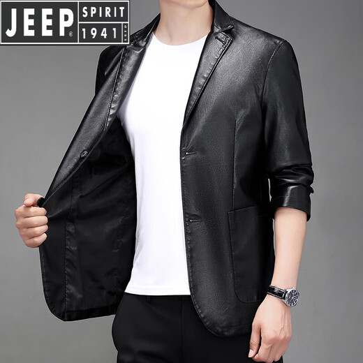 JEEP SPIRIT Jeep Haining imitation leather leather jacket men's autumn imitation sheepskin suit jacket slim casual single leather suit jacket black 2XL