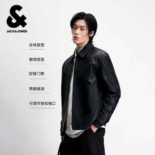 JACK&JONES Men's 2025 Winter Leather Texture Sheep Leather Trendy Jacket E40 Black 175/96A