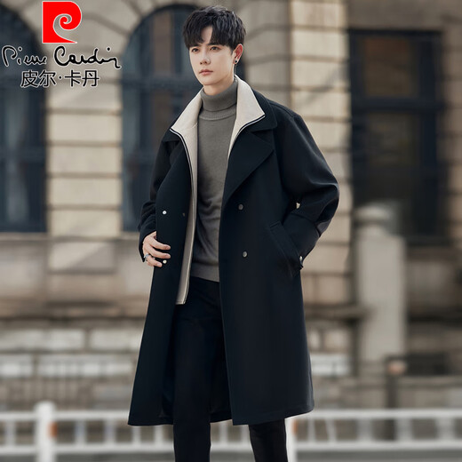Pierre Cardin 2025 autumn and winter two-piece woolen men's coats, men's windbreakers, men's medium-length thickened coats, color-blocked double plackets, black M