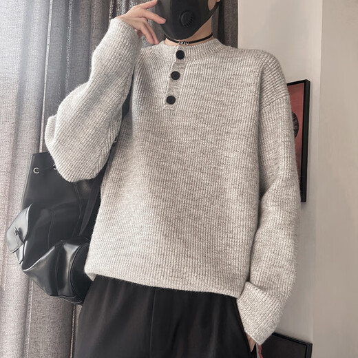Yitian gray American retro henley collar sweater men's winter lazy style knitted sweater cleanfit jacket gray M