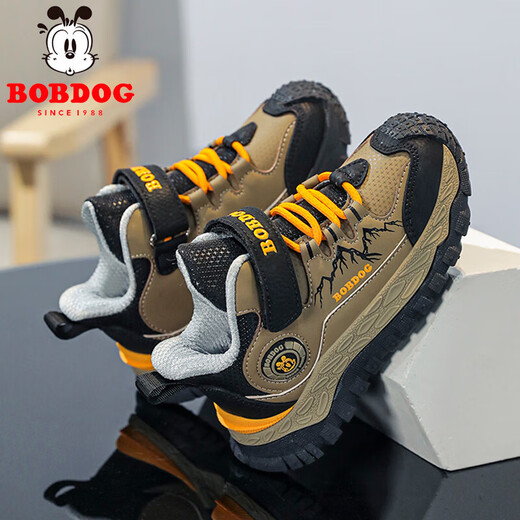 Babu Dou children's cotton shoes winter velvet warm boys' sports shoes leather waterproof primary school students outdoor hiking shoes black brown single shoes 36 (inner length 23.0cm)