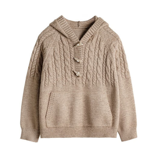Madden cable hooded sweater women's half-cardigan loose casual pullover hoodie women's autumn and winter outer wear thick sweater beige M (100-120Jin Jin equals 0.5 kg)