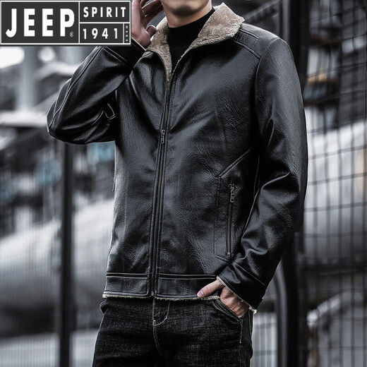 JEEP SPIRIT Jeep Leather Jacket Men's Autumn and Winter Leather Jacket Motorcycle Leather Retro Harley Motorcycle Riding Suit Pilot Black 2XL