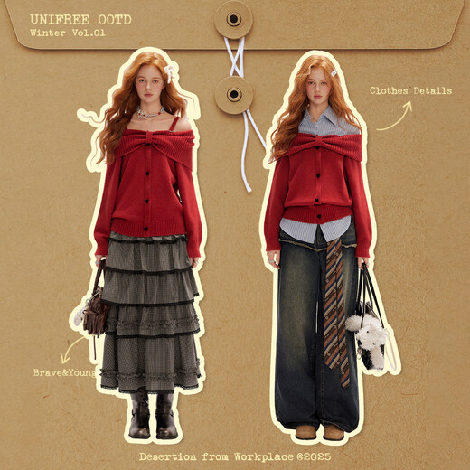 UNIFREE Pure Desire Gentle Wool Sweater Women's 2025 Autumn and Winter New One-shoulder Sweet and Age-Reducing Red One Size