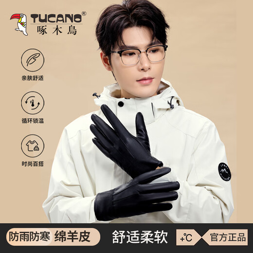 Woodpecker (TUCANO) genuine leather gloves for men, winter cycling and driving, touch screen sheepskin gloves, water-repellent, outdoor warm and cold-proof plus velvet gloves