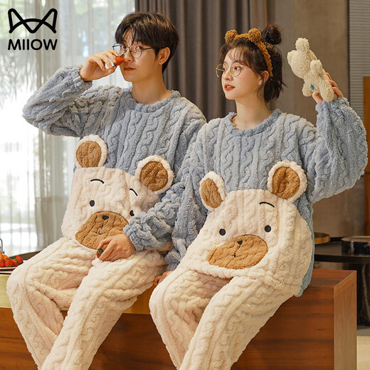 Cat Man (MiiOW) Cartoon Flannel Couple Pajamas Women's Plus Velvet Thickened Suit Men's Loose Large Size Warm Coral Fleece Home Clothing H7786 Couple M Women