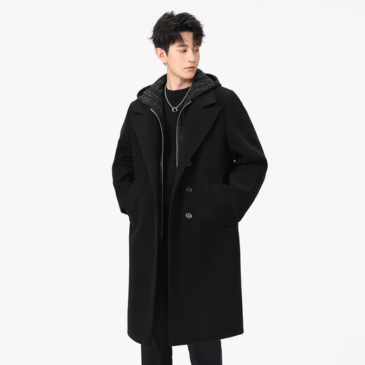Mu Fanmian spring new fake two-piece woolen coat men's long hooded knee-length large size loose fat spring and autumn windbreaker jacket black thickened L suitable for 125 to 150 Jin Jin equals 0.5 kg