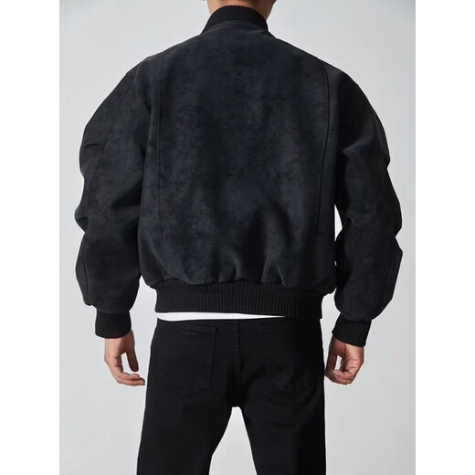 Main style (ZHUYIFAN) light gray American pu leather jacket men's short wide profile tie-dye baseball jacket ma1 pilot motorcycle jacket black