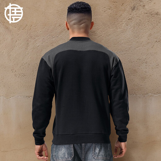 Enlightenment 380G heavyweight thickened Henley sweatshirt men's waist stitching contrasting loose cotton long-sleeved T-shirt autumn and winter black 2XL (160-180Jin Jin is equal to 0.5 kg)
