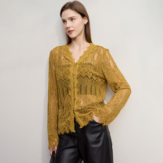 AMII Französisches Spitzenhemd 25, Herbst, französisches Retro-Spitzen-Jacquard-Hemd, Damen, Frühling und Herbst, Langarm, hochwertig, Schwarz, 160/84A/M, Einheitsgröße