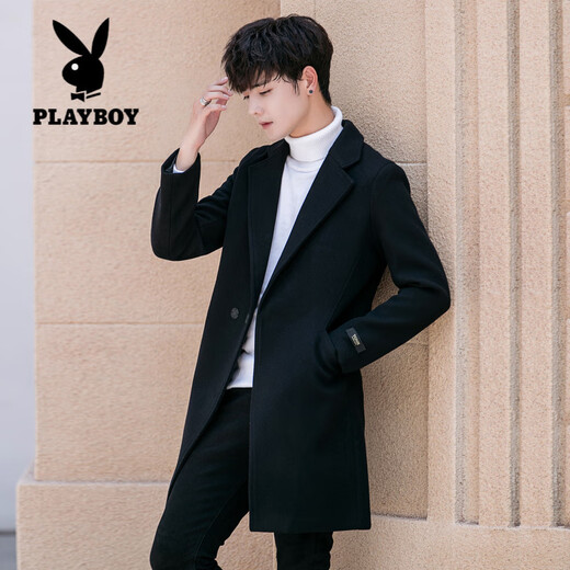 Playboy (PLAYBOY) windbreaker men's mid-length Korean style slim and handsome cotton-thick woolen coat men's woolen coat men's trend apricot cotton M