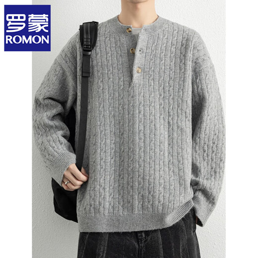ROMON Lazy Style Sweater Men's 2025 Autumn and Winter New Retro Twist Henley Collar Bottoming Sweater Men's Carbon Black XL