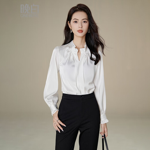 Late White New Product 2025 Autumn Solid Color Temperament Top Slim, Comfortable and Versatile Commuting Shirt for Women White XL