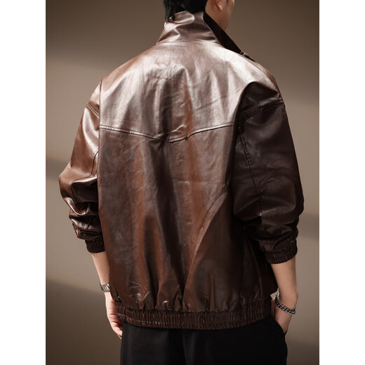 Revium high-end American fashion brand high street stand-up collar PU leather jacket men's autumn handsome motorcycle jacket loose versatile tops for men brown M suitable for 100-120 Jin Jin equals 0.5 kg