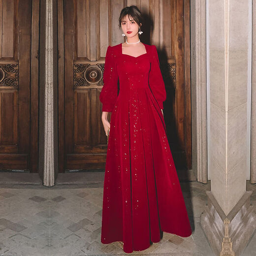 Miaomiaoxi long-sleeved toast dress bride 2025 new autumn and winter engagement home dress can be worn at ordinary times temperament burgundy for women red L