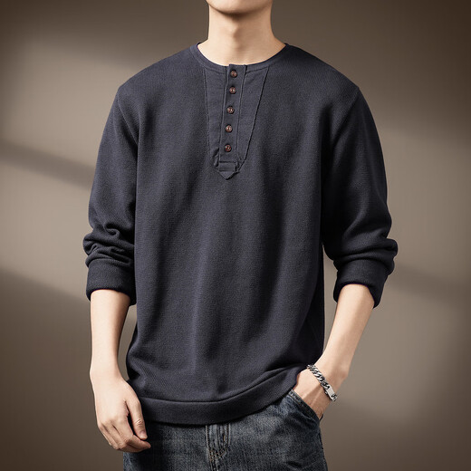 Noble color high-end American retro tough guy Henry collar sweater men's autumn new heavy casual base blue gray S suitable for 90-110 Jin Jin equals 0.5 kg