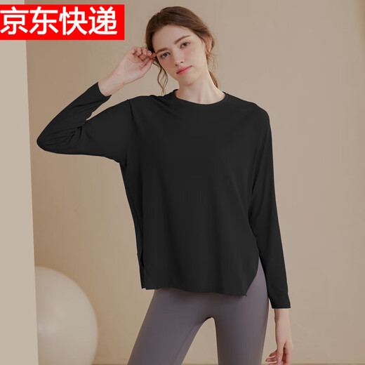 LULULOMDDW yoga wear women's quick-drying long-sleeved sports T-shirt running training large size Pilates cover-up autumn and winter fitness tops for women black XL recommended 125-140Jin Jin equals 0.5 kg