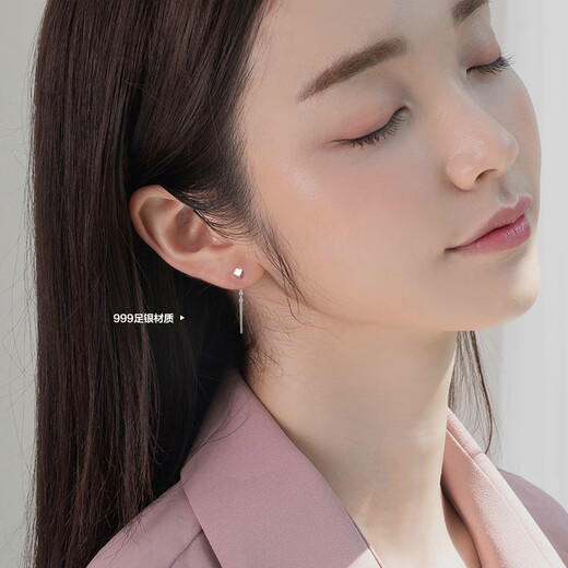 Japanese 999 sterling silver square small ear wire for women, no-removal earrings, round bead earrings, small and elegant ear bones, ear piercing S999 pure silver square ear wire 2.5cm
