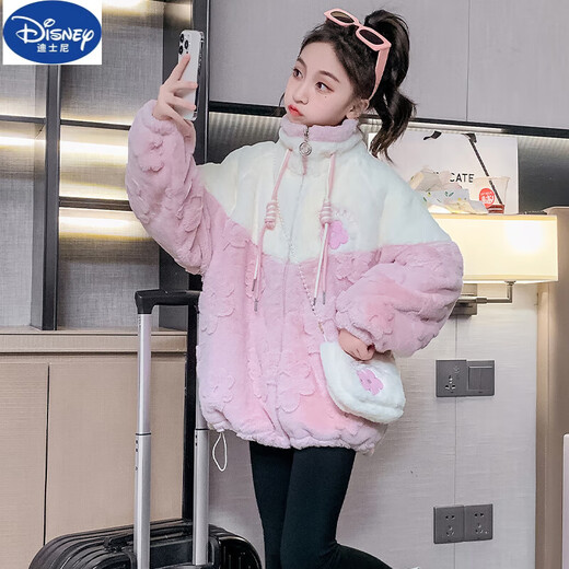 Disney Girls Winter Jacket 2025 New Style Children's Winter Thickened Little Girl Lamb Plush Padded Top Trendy Pink with Bag 110
