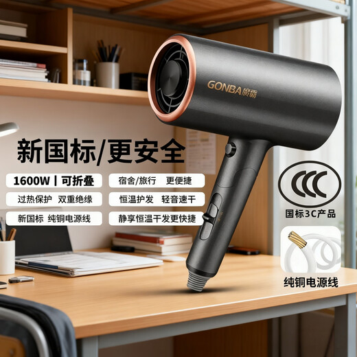 GUANGBA 2025 new technology National standard certified hair dryer household negative ion hair care silent quick-drying high wind low power hair dryer for dormitory students constant temperature does not harm hair quality Champagne powder New national standard safer 1600W Naked model 2M pure copper power cord
