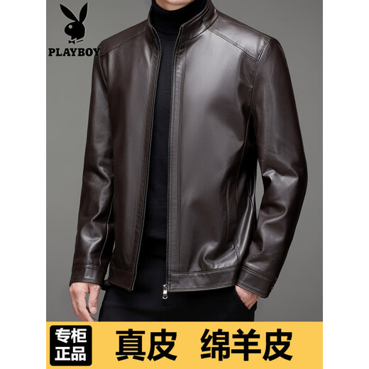 Playboy Spring and Autumn Haining Simulated Men's Leather Stand Collar Casual Jacket Plus Size Leather Jacket Men's Clothing Coffee Color Spring and Autumn Thickness 7XL 210