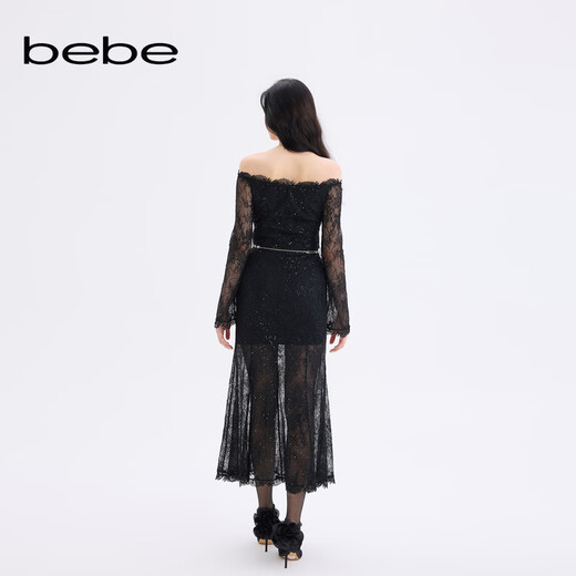 Bebe2025 new autumn and winter women's temperament bell sleeve one-shoulder lace fishtail dress 451004 black S