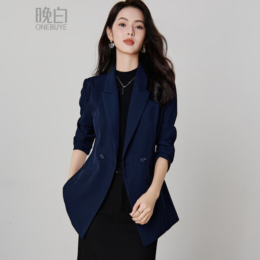 Late white off-size clearance 2026 spring double-breasted lapel top temperament fashion versatile commuter suit jacket for women dark blue S