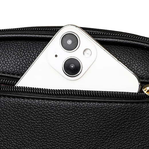 Soft leather three-layer middle-aged mother embroidery small round bag for women 2025 new fashion versatile diamond shoulder crossbody bag black