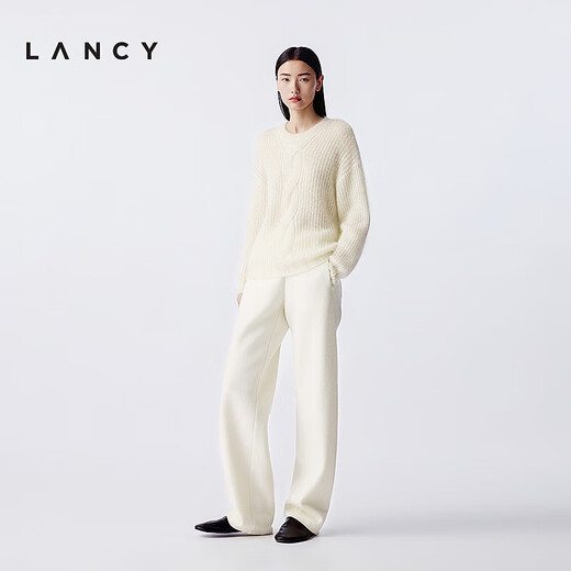 LANCY mohair silk 25 winter new style relaxed cable knit sweater women's round neck off-shoulder sweater off-white M