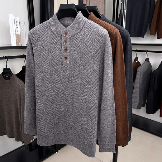 Heavy 400g pure wool sweater for men in autumn and winter thickened warm casual henley collar knitted bottoming sweater for men BE913 Comet Coffee L Recommended 120-135Jin Jin is equal to 0.5 kg