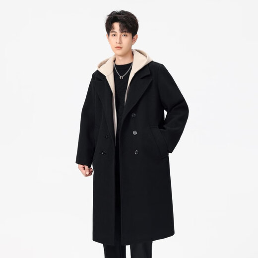 Mu Fanmian spring new fake two-piece woolen coat men's long hooded knee-length large size loose fat spring and autumn windbreaker jacket black thickened L suitable for 125 to 150 Jin Jin equals 0.5 kg