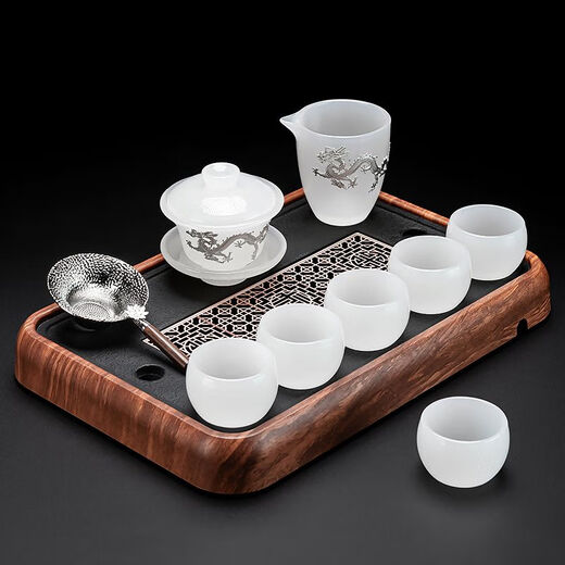 Jian Yang Bingzhong Glaze Tea Set Home High-end White Jade Kung Fu Covered Bowl Tea Cup Heat-Resistant Anti-scalding Chinese Office Tea Set 10 Pieces/Tea Strainer Set/Tea Tray