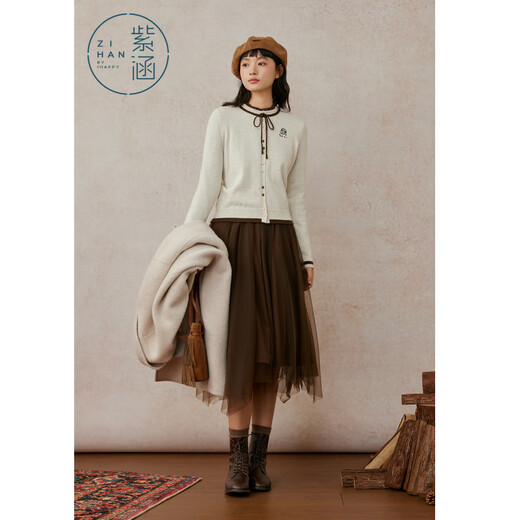 Zihan (ZIHAN) Zihan retro literary style long-sleeved mesh dress knitted cardigan two-piece suit skirt for women 2025 winter new style Mocha Mousse L