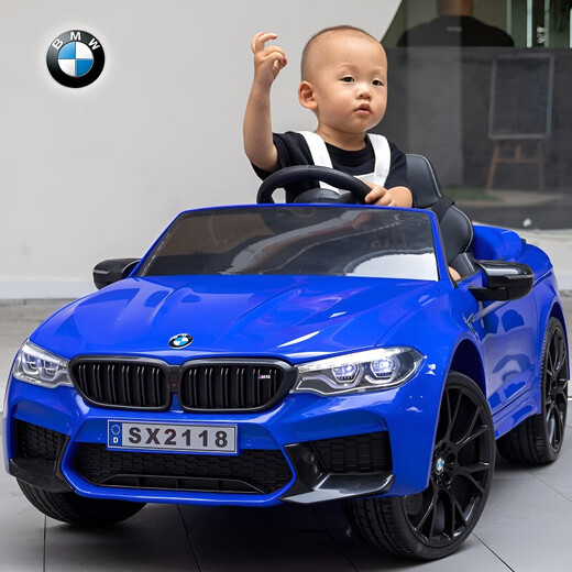 Haolaixi BMW children's electric car four-wheel car remote control toy car can sit and stand adults and children with swing baby stroller, top with blue + adult standing plate + remote control swing + soft wheel leather seat + push rod + Bluetooth