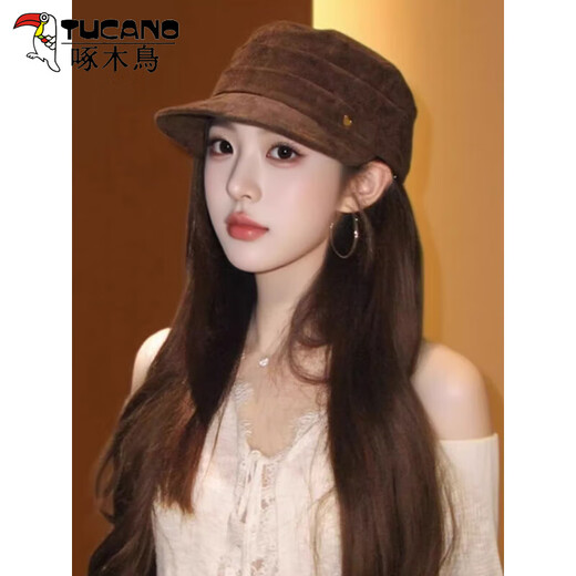 Woodpecker suede pleated flat-top equestrian hat for women 2025 new autumn and winter Maillard retro all-match painter hat trendy off-white suede & equestrian hat one size (56-58cm)